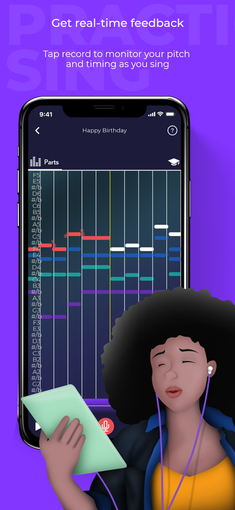 A singer using the Harmony Helper app to get real time feedback on pitch and timing during vocal practice