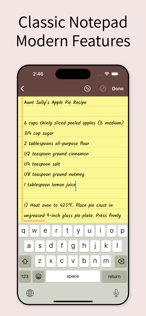 Notepad: Easy Notes & Memos - iPhone app screen showing a classic yellow legal pad note with an apple pie recipe.