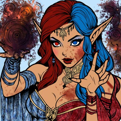 realistic scary beautiful elf sorceress casting spell