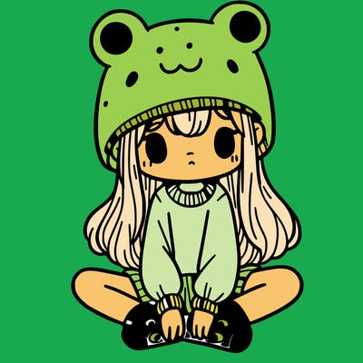 a girl wearing a frog hat and some frog socks