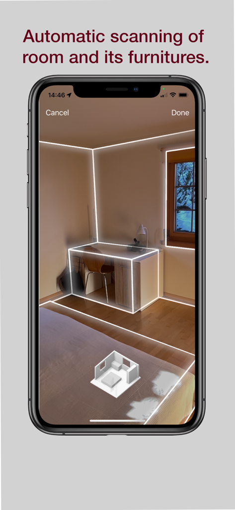 ARchi VR - Create & Browse AR - ARchi VR app interface showing automatic 3D scanning of a room and its furniture