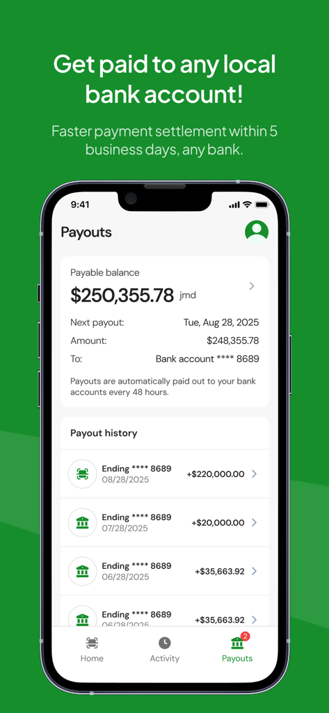 HandyPay - Interfaz de la aplicación HandyPay que muestra el saldo de pago y el historial de transacciones para cuentas bancarias locales