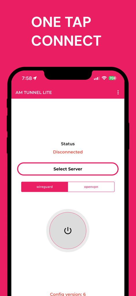 AM TUNNEL LITE mobile App-Oberfläche, die einen Ein-Tipp-Verbinden-Button und die Auswahl der VPN-Protokolle für WireGuard und OpenVPN zeigt