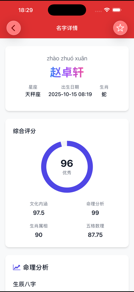 Interface of the Zhouyi Naming Master app showing a detailed score report for a Chinese baby name