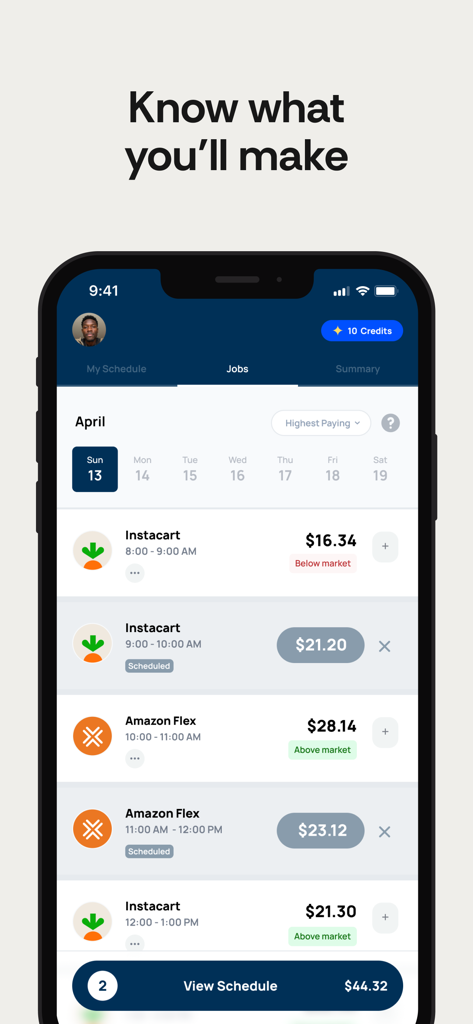 Solo app interface displaying hourly pay predictions and scheduled gig jobs for Instacart and Amazon Flex