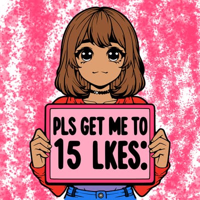 realistic girl holding up a sign that says “pls get me to 15 likes!”