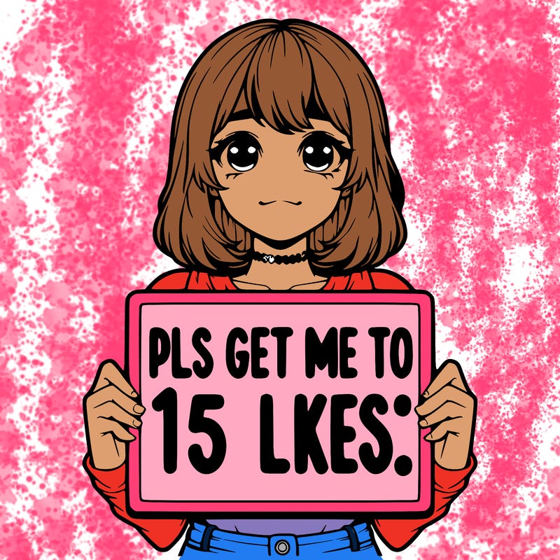 realistic girl holding up a sign that says “pls get me to 15 likes!”