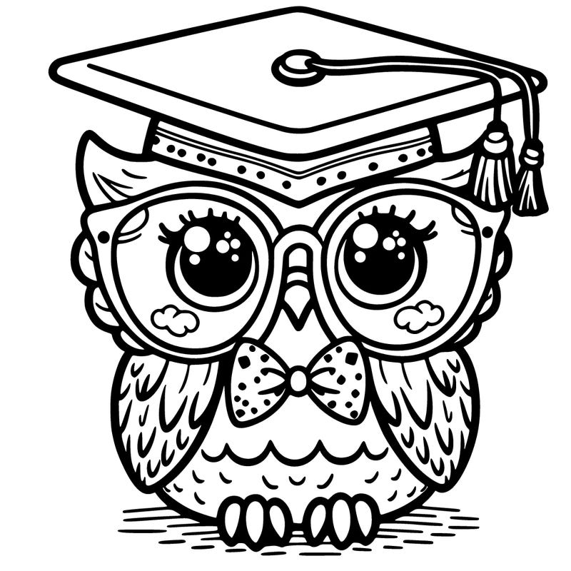 whimsical cartoon style owl wearing glasses and a graduation cap