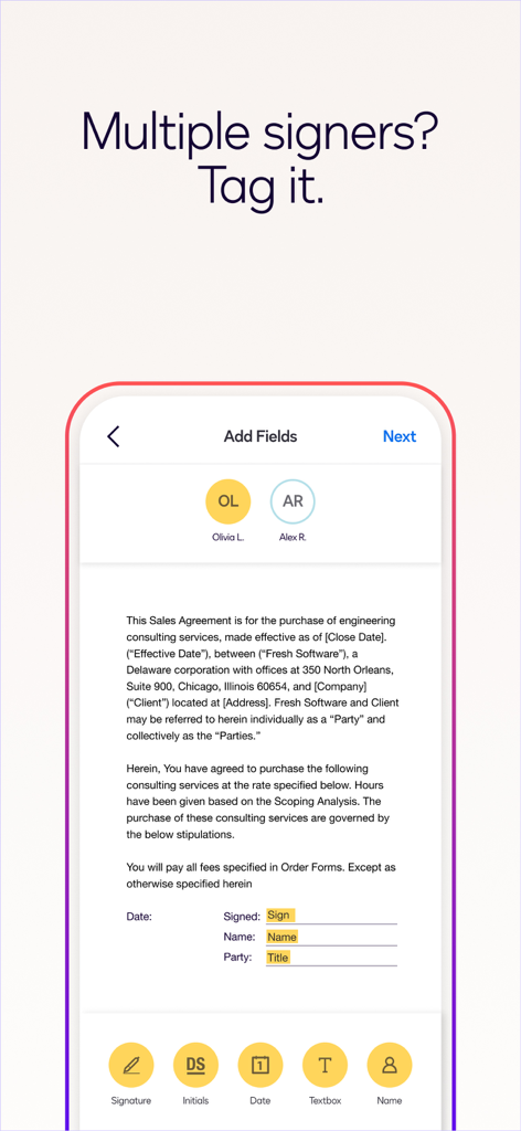 Docusign for Intune mobile app screen showing how to add signature and name tags for multiple signers on a sales agreement document.