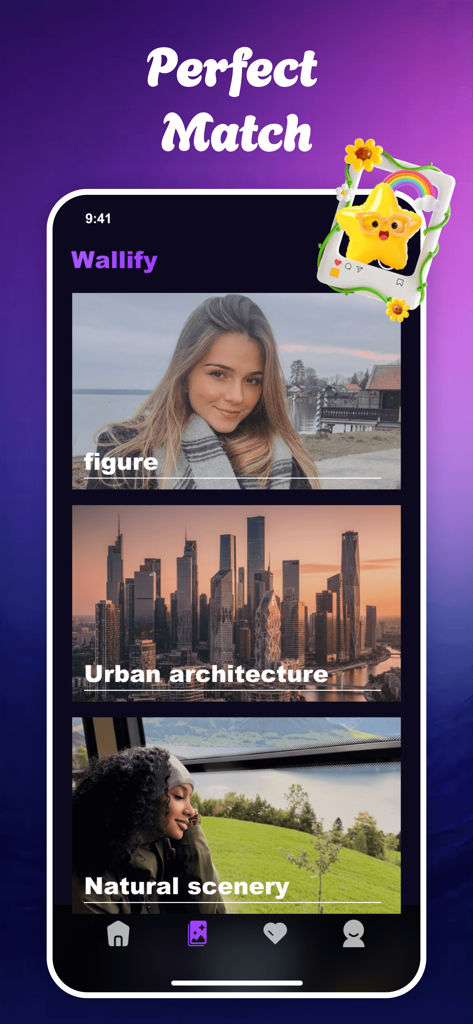 Wallify app interface displaying wallpaper categories for figure urban architecture and natural scenery