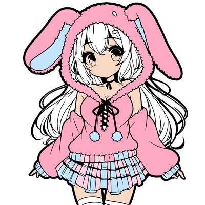 pretty anime girl wearing a fluffy hoodie with bunny ears on the hood and a skirt