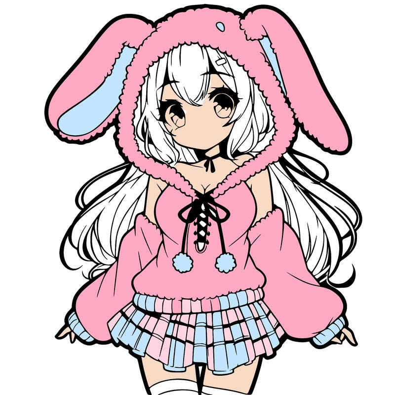 pretty anime girl wearing a fluffy hoodie with bunny ears on the hood and a skirt