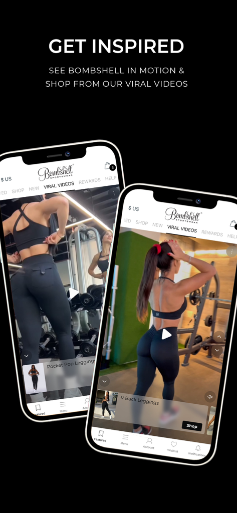 Bombshell Sportswear. - Two smartphones displaying the viral video shopping feature in the Bombshell Sportswear app.