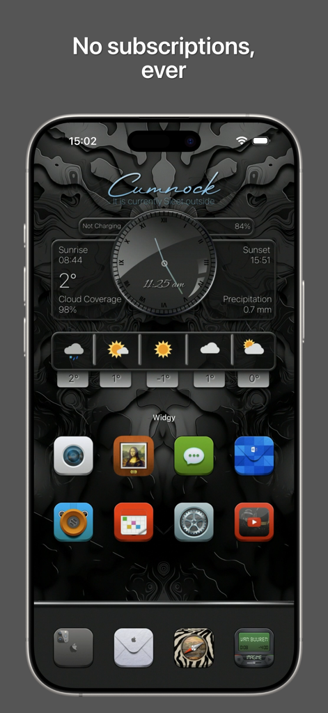 Customized iPhone home screen showing dark aesthetic Widgy widgets for clock and weather