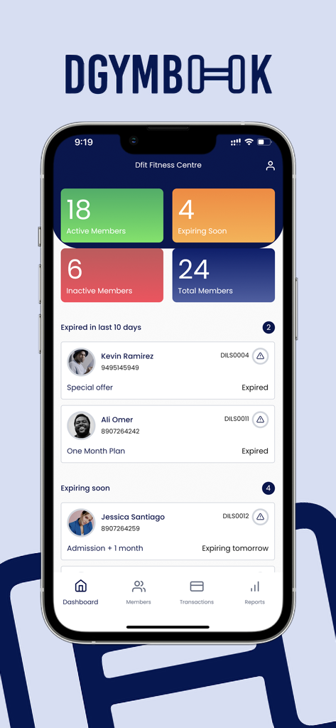 DGymBook Partner - Dashboard-Ansicht der DGymBook Partner App mit Statistiken zur Studio-Mitgliedschaft und auslaufenden Tarifen