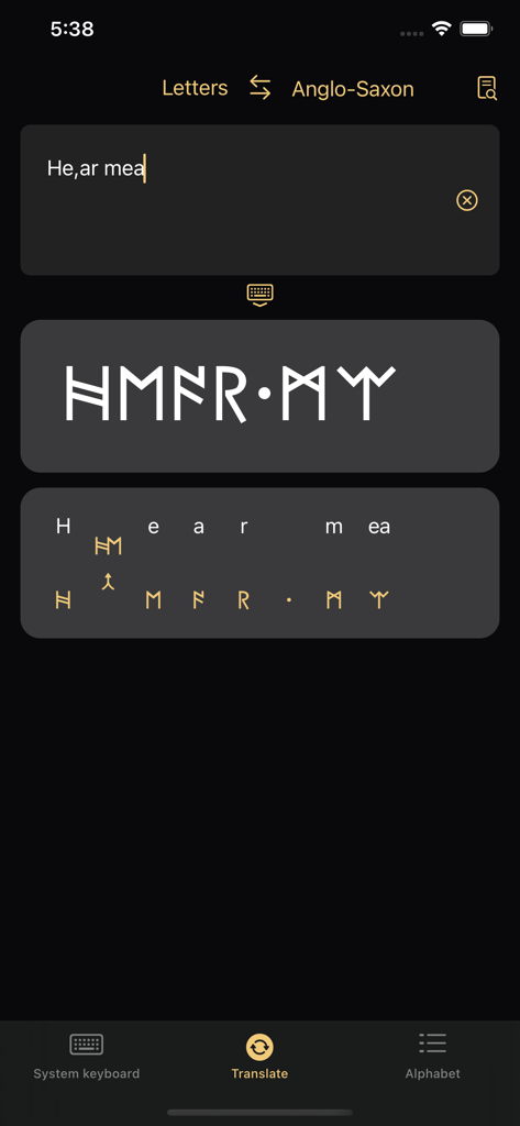 Write in Runic - Screenshot of the Write in Runic app showing a phonetic translation of English text into Anglo-Saxon runes
