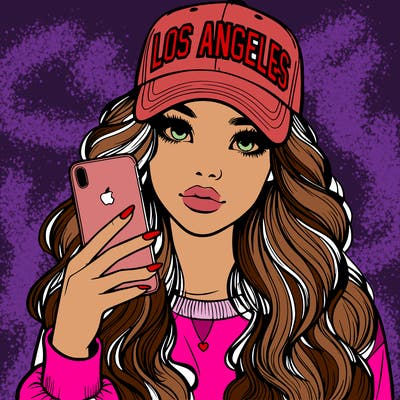realistic beautiful girl wearing los ángeles cap holding an iphone