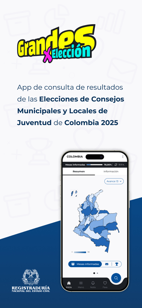 Resultados CMLJ 2025 mobile app showing Colombian youth election results map