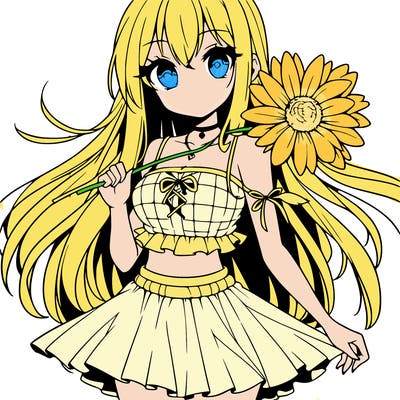anime girl holding a flower wearing a skirt and crop top