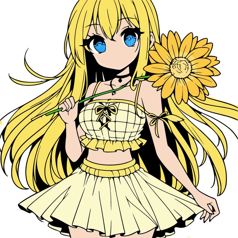 anime girl holding a flower wearing a skirt and crop top
