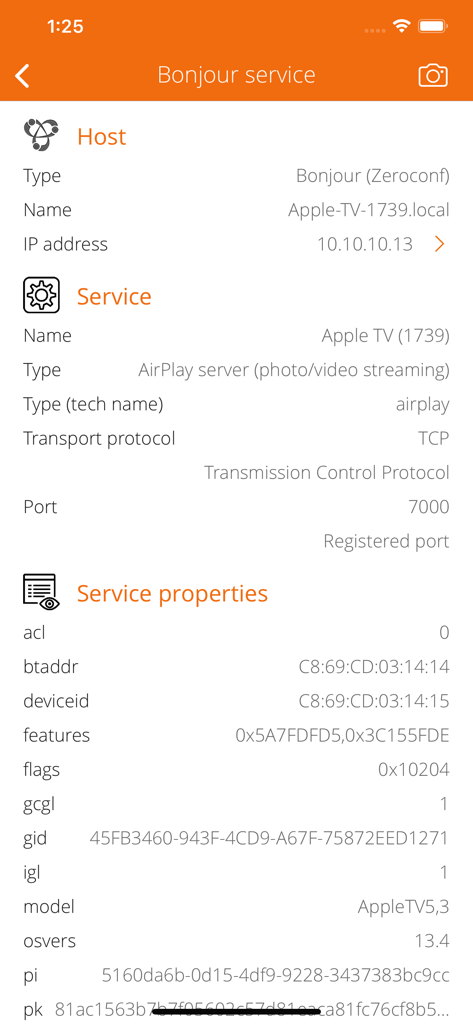 Detalles técnicos de un servicio Bonjour de Apple TV que muestran la dirección IP, el número de puerto y las propiedades de hardware en Service Browser