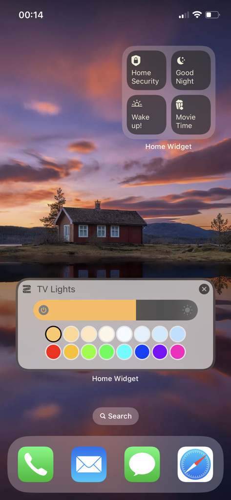 Home Widget - for HomeKit - iPhone home screen displaying smart home widgets for security scenes and TV light color control