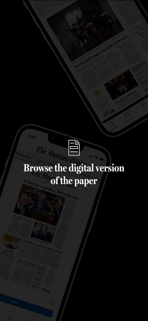 A smartphone and tablet displaying the digital edition of The Boston Globe newspaper.