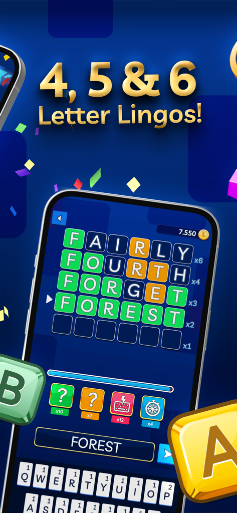 Lingo - official word game - 단어 'forest'에 대한 6글자 퍼즐이 완성된 링고 단어 게임을 보여주는 모바일 화면