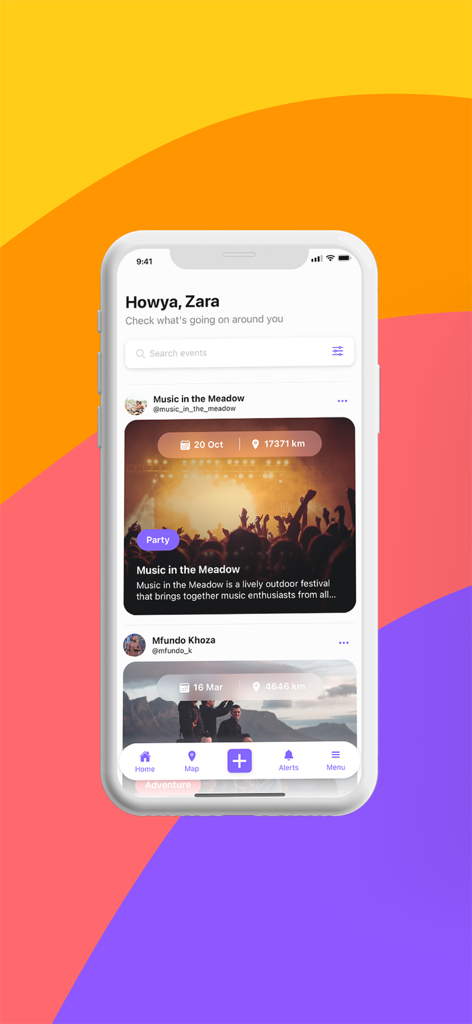 Sociable - Sociable app interface showing a personalized home feed with social events like music festivals and hiking trips.