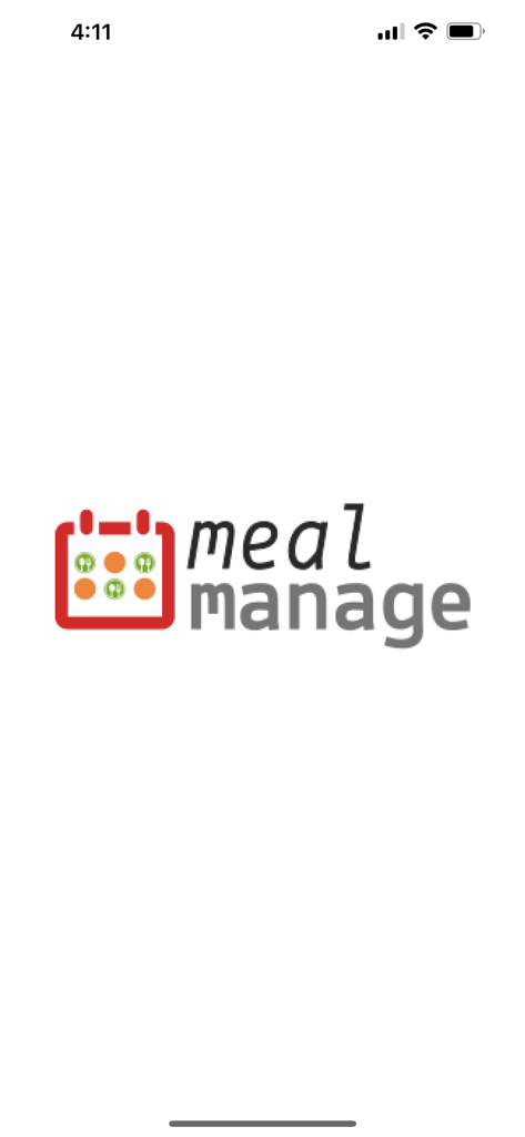 MealManage app splash screen showing the logo with a calendar and food icons