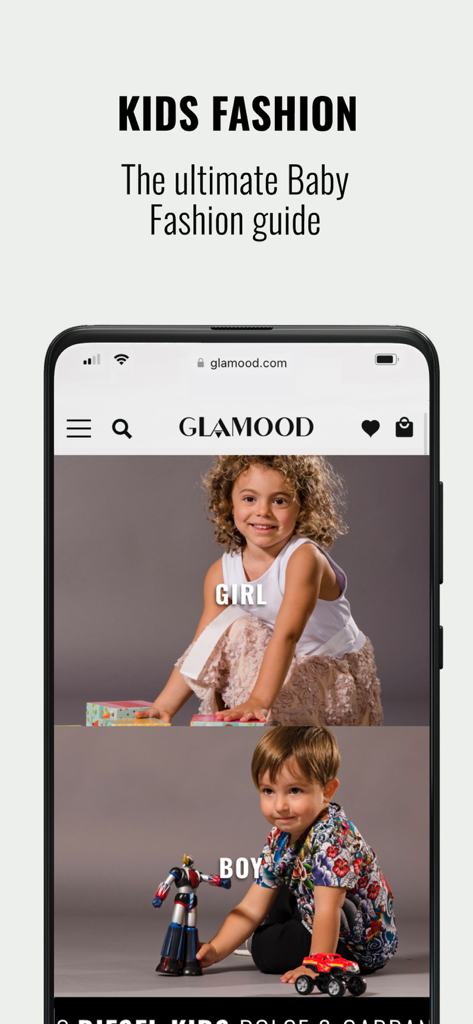 Glamood - Glamood app interface displaying the kids fashion category for boys and girls.