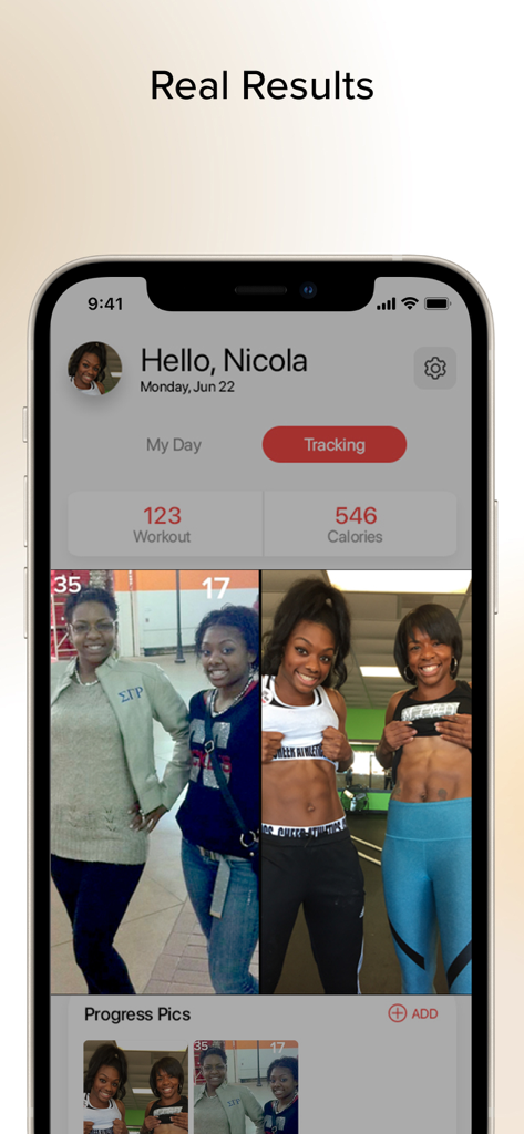 Jillian Michaels | Fitness App - Fitness-App-Dashboard mit Trainingsstatistiken und Vorher-Nachher-Fortschrittsfotos für Gewichtsverlust-Ergebnisse