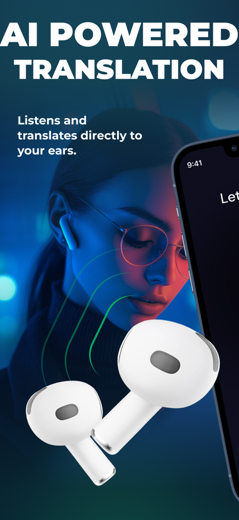 Air Translate app interface showing AI powered real-time audio translation directly to wireless earbuds