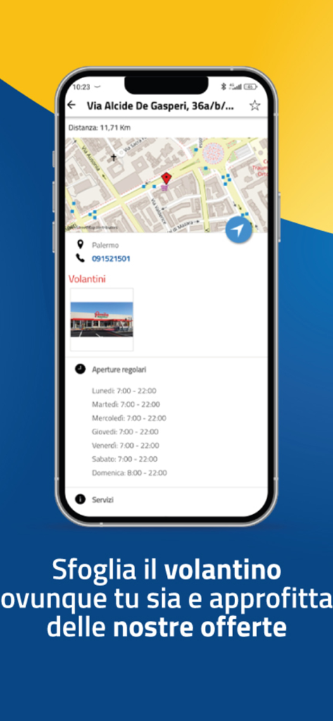 Mondo Mizzica - Interfaccia dell'app Mondo Mizzica che mostra la posizione del supermercato su una mappa e gli orari di apertura settimanali.