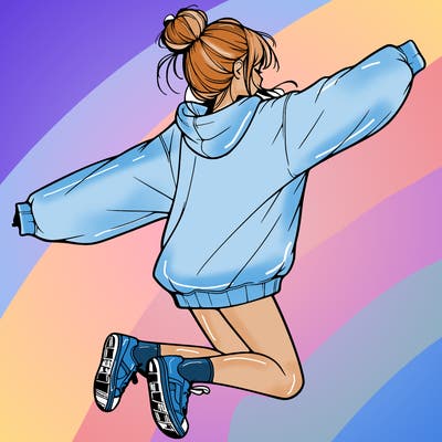 realistic girl jumping with a bun and oversized sweatshirt