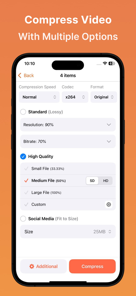 Video Compressor : Save Space - Interface do aplicativo Compressor de Vídeo mostrando várias configurações de compressão para resolução, taxa de bits e qualidade do arquivo.