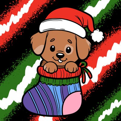 cute puppy wearing santa hat in socking