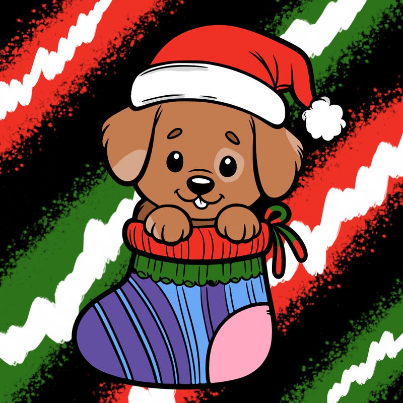 cute puppy wearing santa hat in socking