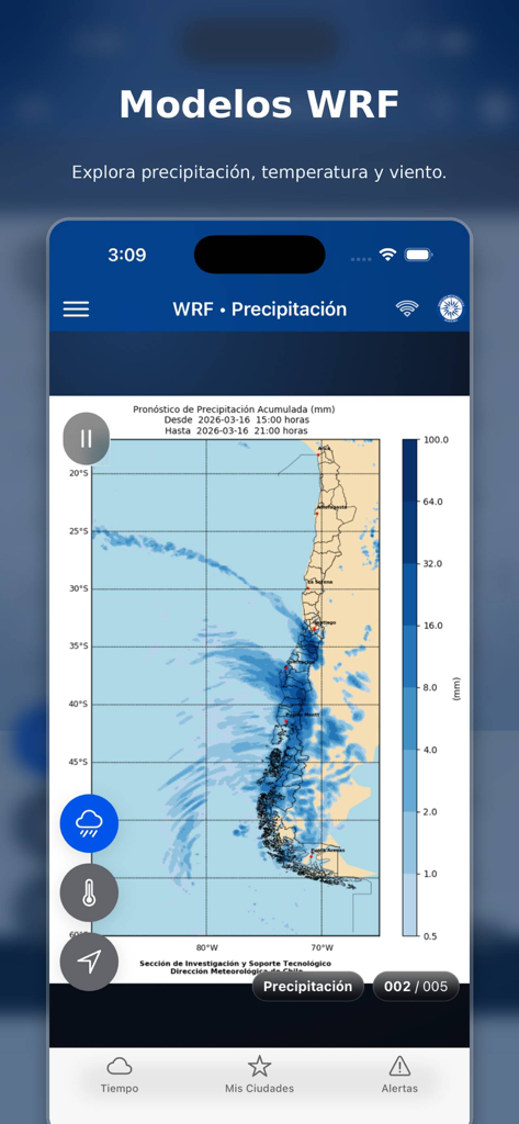 MeteoChile - MeteoChile 앱의 칠레 공식 WRF 모델 강수량 예보 지도
