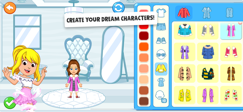 My Town World: Doll House Life - Character customization screen in My Town World showing clothing options and a doll
