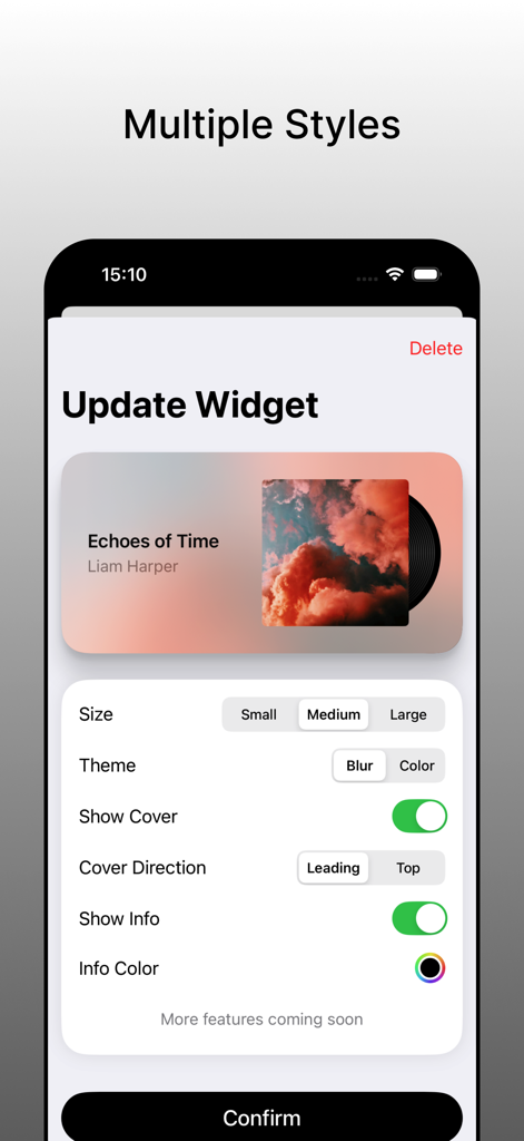 Album Widget - Music as Art - Uma interface de aplicativo móvel mostrando as configurações de personalização para um widget de álbum de música com opções de tamanho, tema e cores.