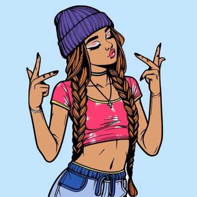 realistic teenage girl with braids and a beanie and crop top doing 🫶🏼