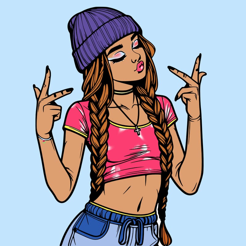 realistic teenage girl with braids and a beanie and crop top doing 🫶🏼