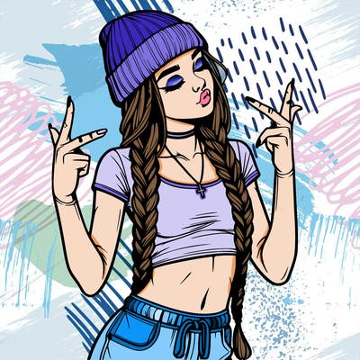 realistic teenage girl with braids and a beanie and crop top doing 🫶🏼