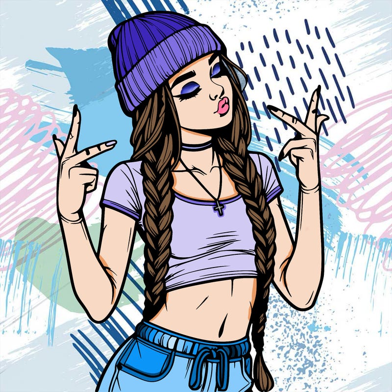 realistic teenage girl with braids and a beanie and crop top doing 🫶🏼