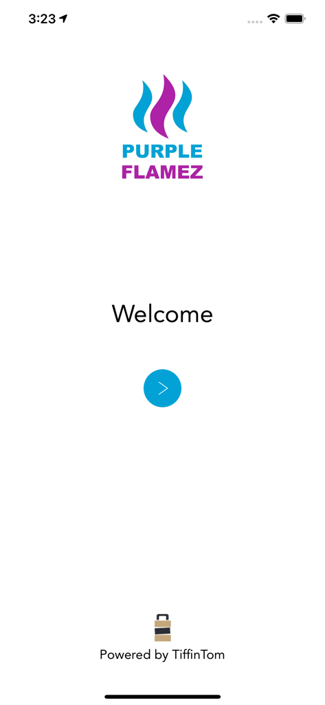 Welcome screen of the Purple Flamez mobile app featuring the company logo and a start button.