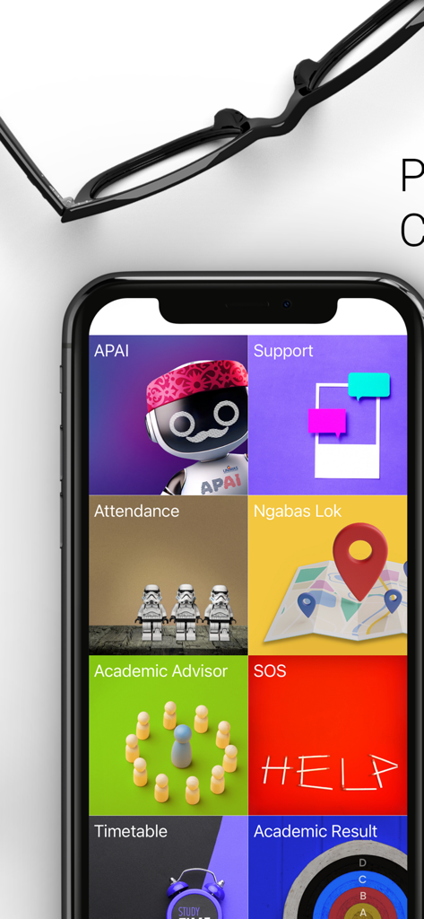 Dashboard of UNIMAS Now app showing icons for attendance academic advisor and campus help