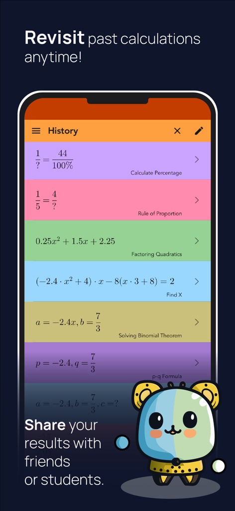 Math for Middle & High School - Pantalla de historial de la aplicación de matemáticas que muestra una lista de cálculos guardados y resultados.