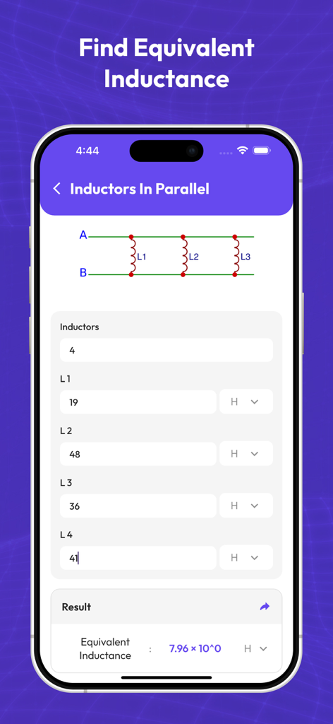 Amateur Radio Toolkit 2025 - Inductors in parallel calculation screen showing input fields for multiple inductor values and the equivalent inductance result.