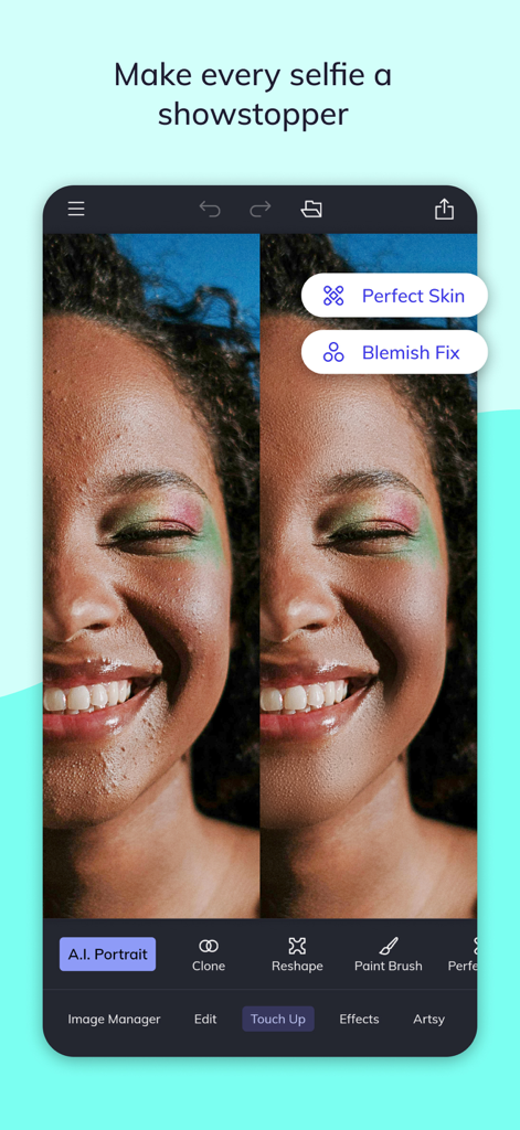 BeFunky - BeFunky AI 인물 사진 보정 기능을 사용하여 피부를 매끄럽게 하고 잡티를 제거한 셀카의 이전 및 이후 비교